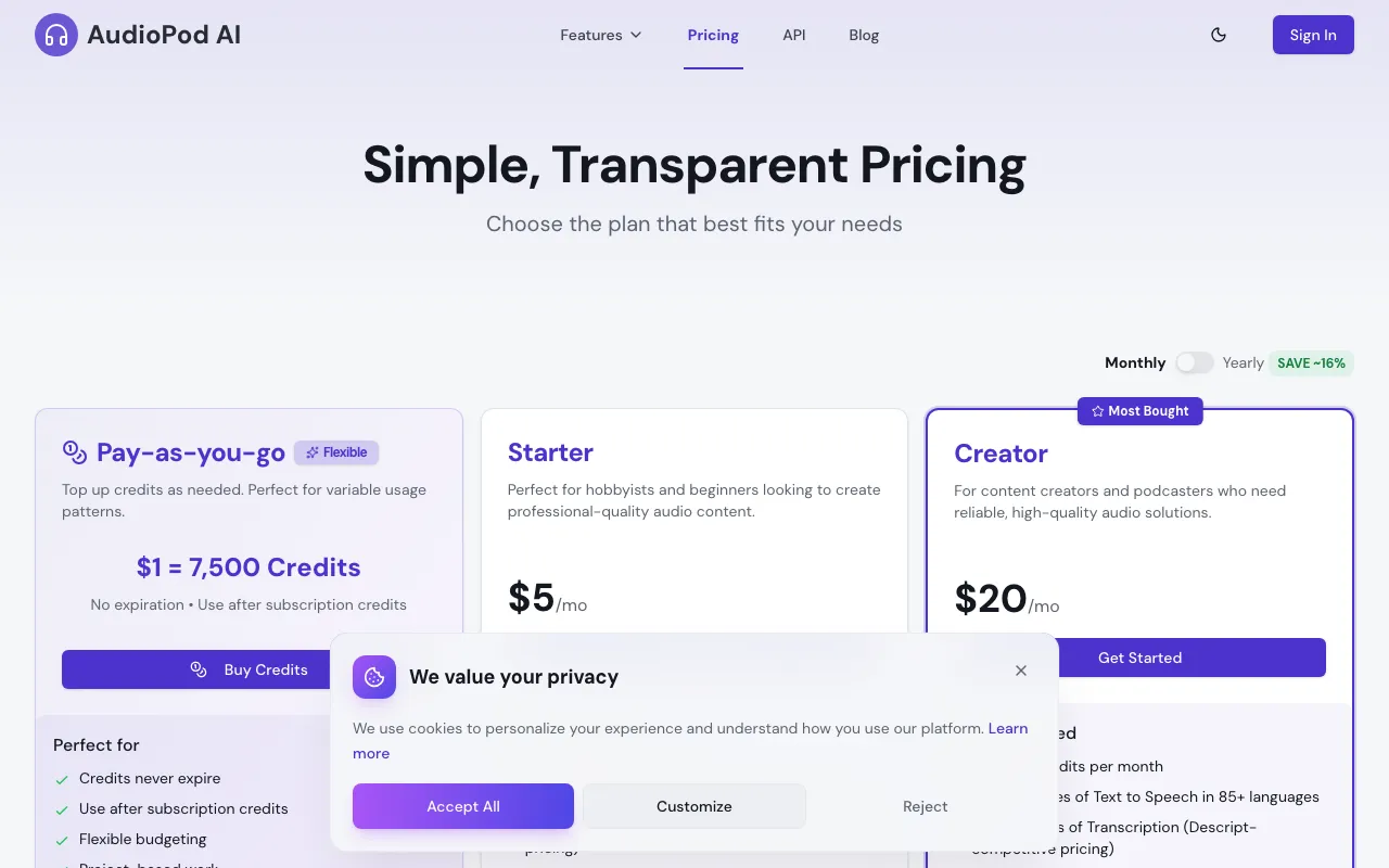 AudioPod AI — pricing page