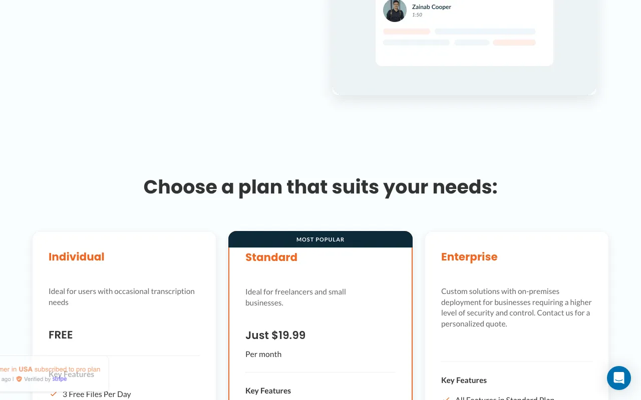 AudioScribe.io — pricing page