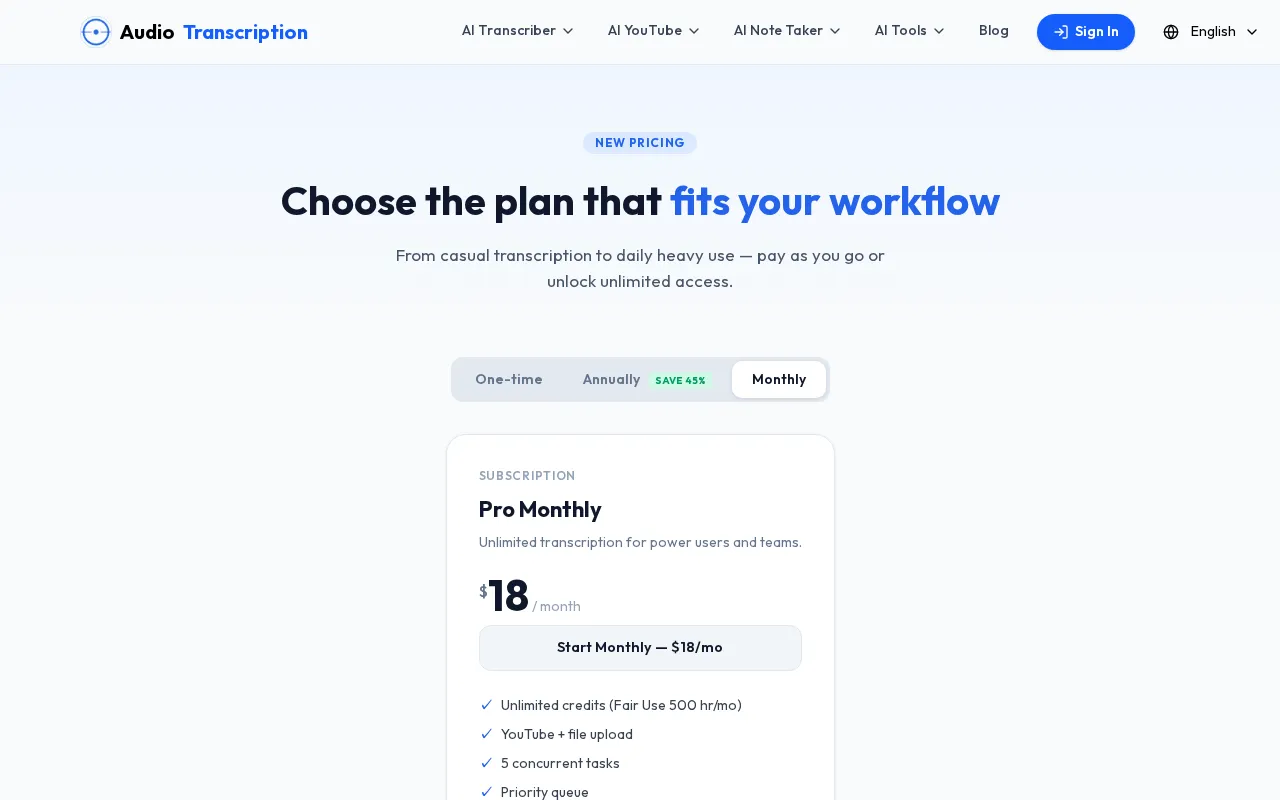 AudioTranscription.io — pricing page
