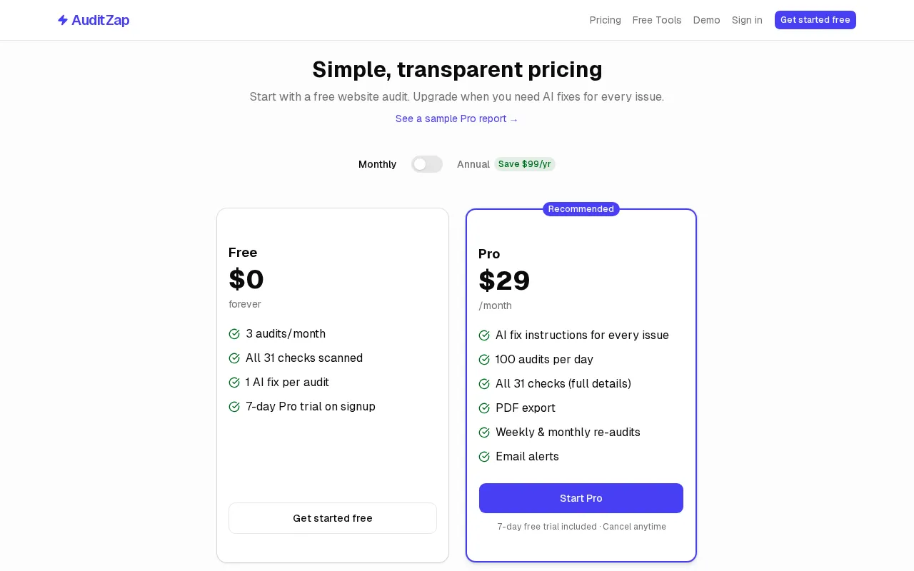 AuditZap — pricing page