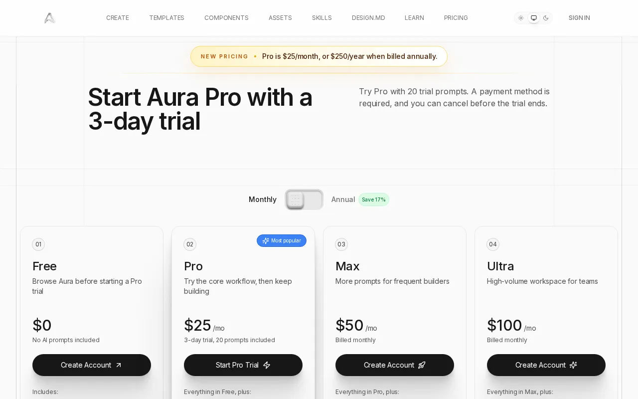 Aura.build — pricing page