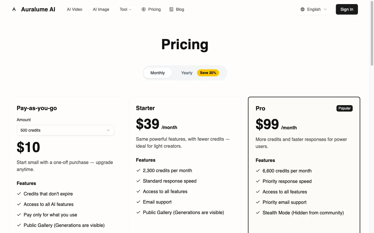 Auralume AI — pricing page