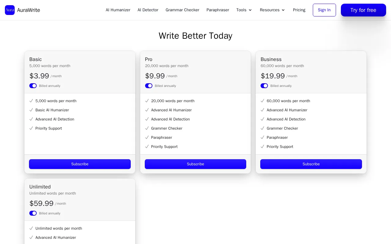 AuraWrite — pricing page