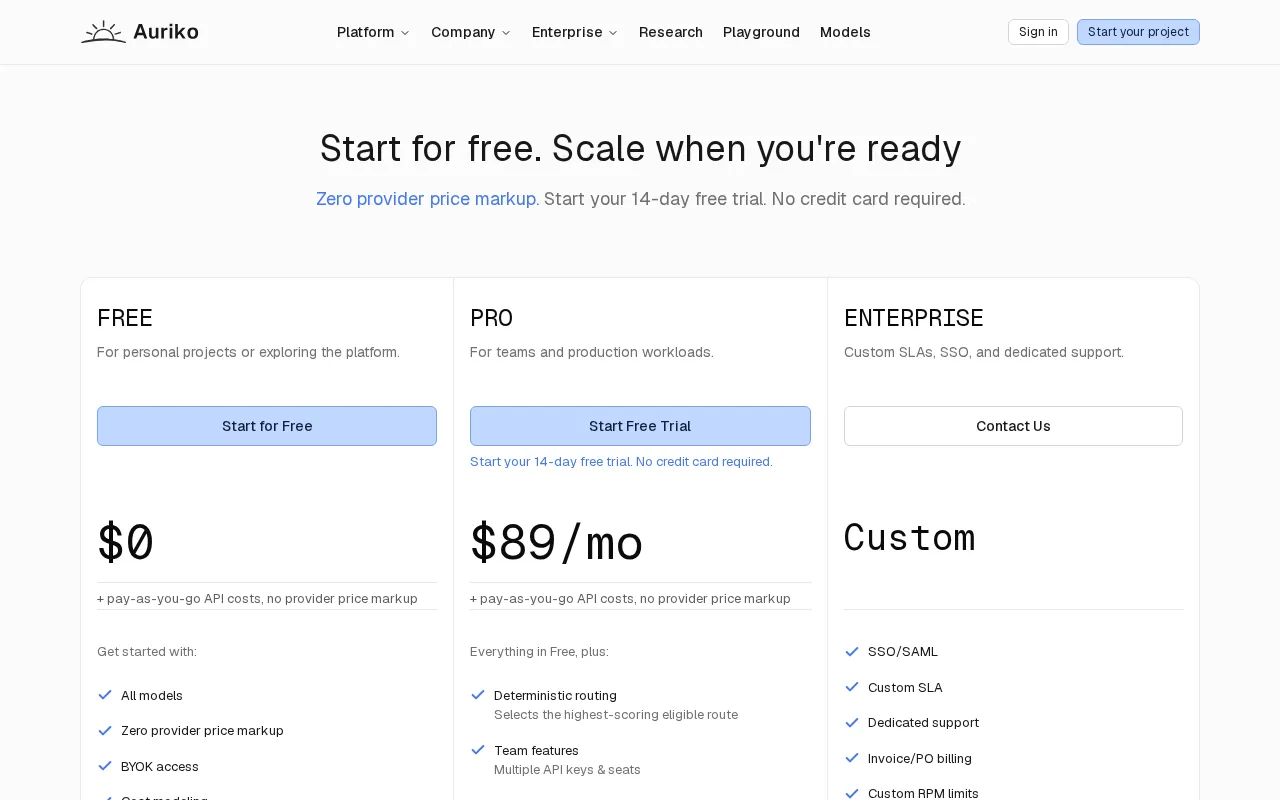 Auriko — pricing page