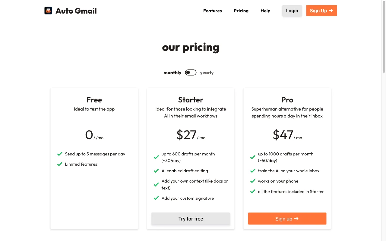 Auto Gmail — pricing page