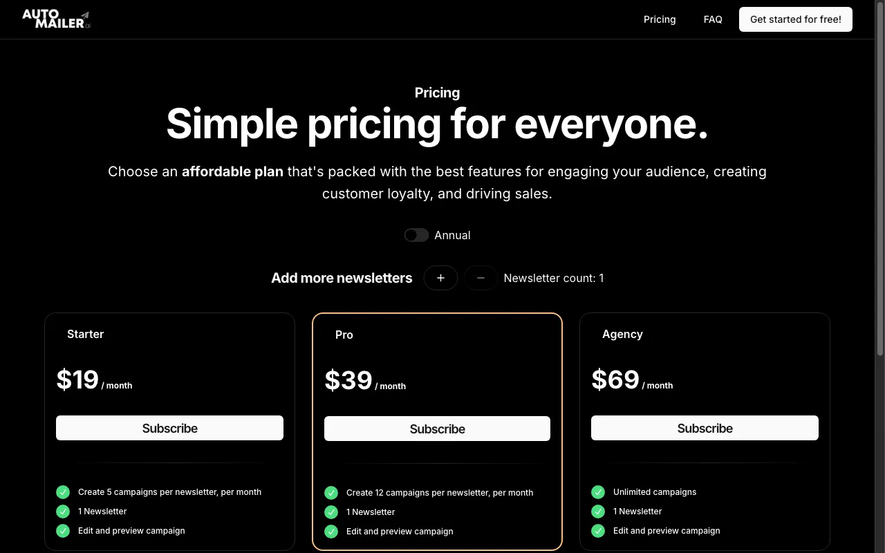 Automailer.ai — pricing page