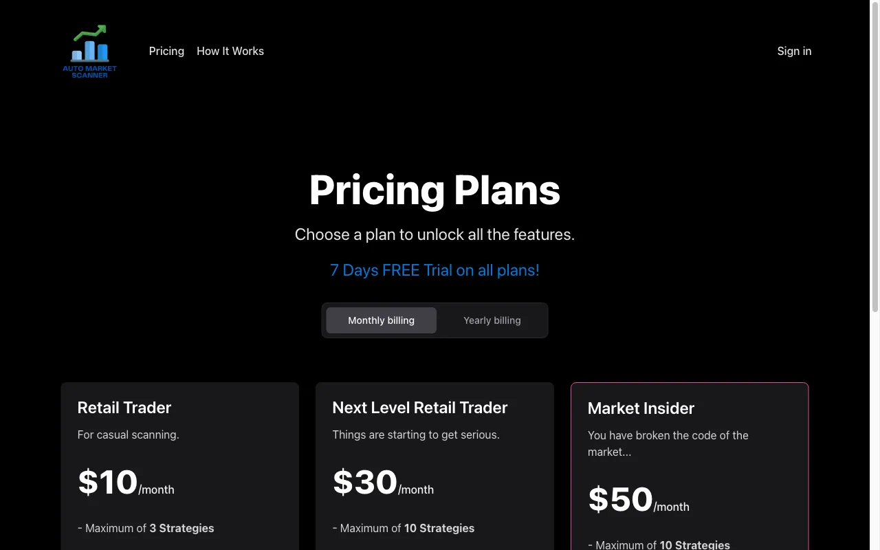 Auto Market Scanner — pricing page