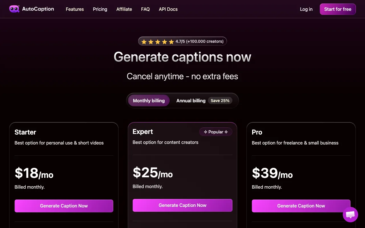 AutoCaption — pricing page