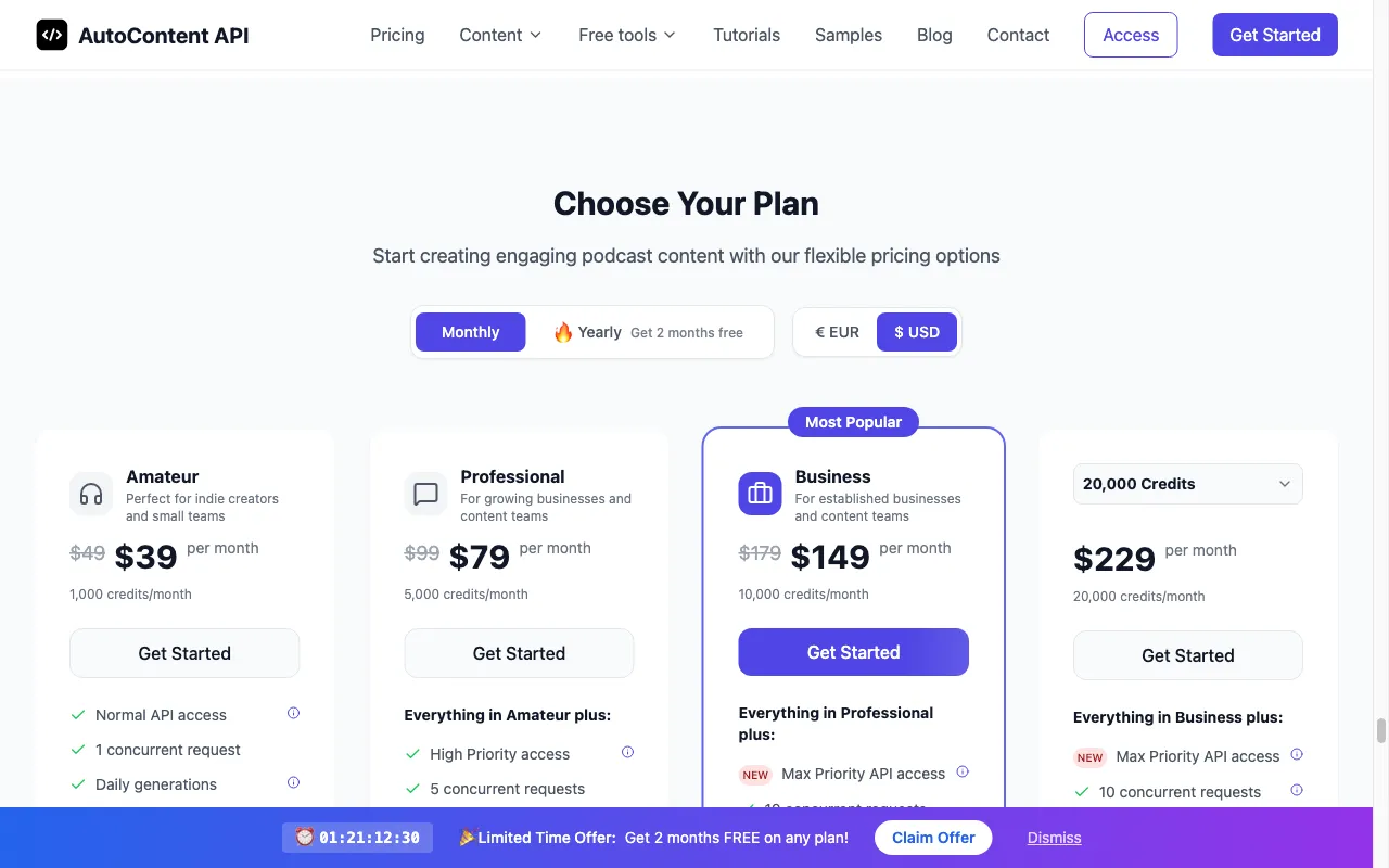 AutoContent API — pricing page