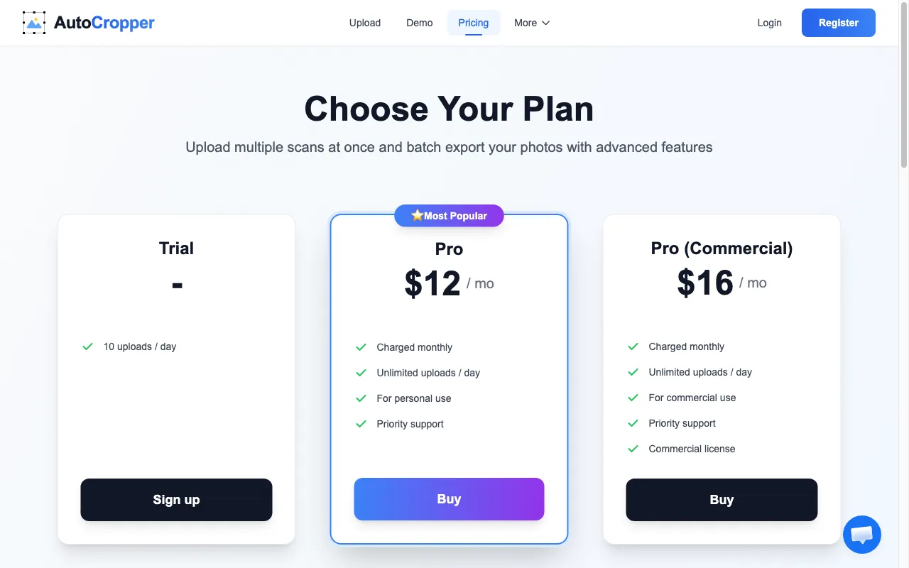AutoCropper — pricing page