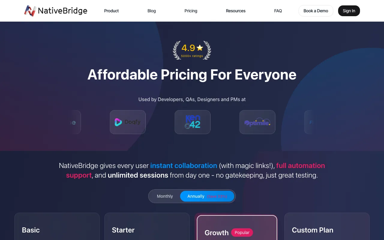 NativeBridge.io — pricing page