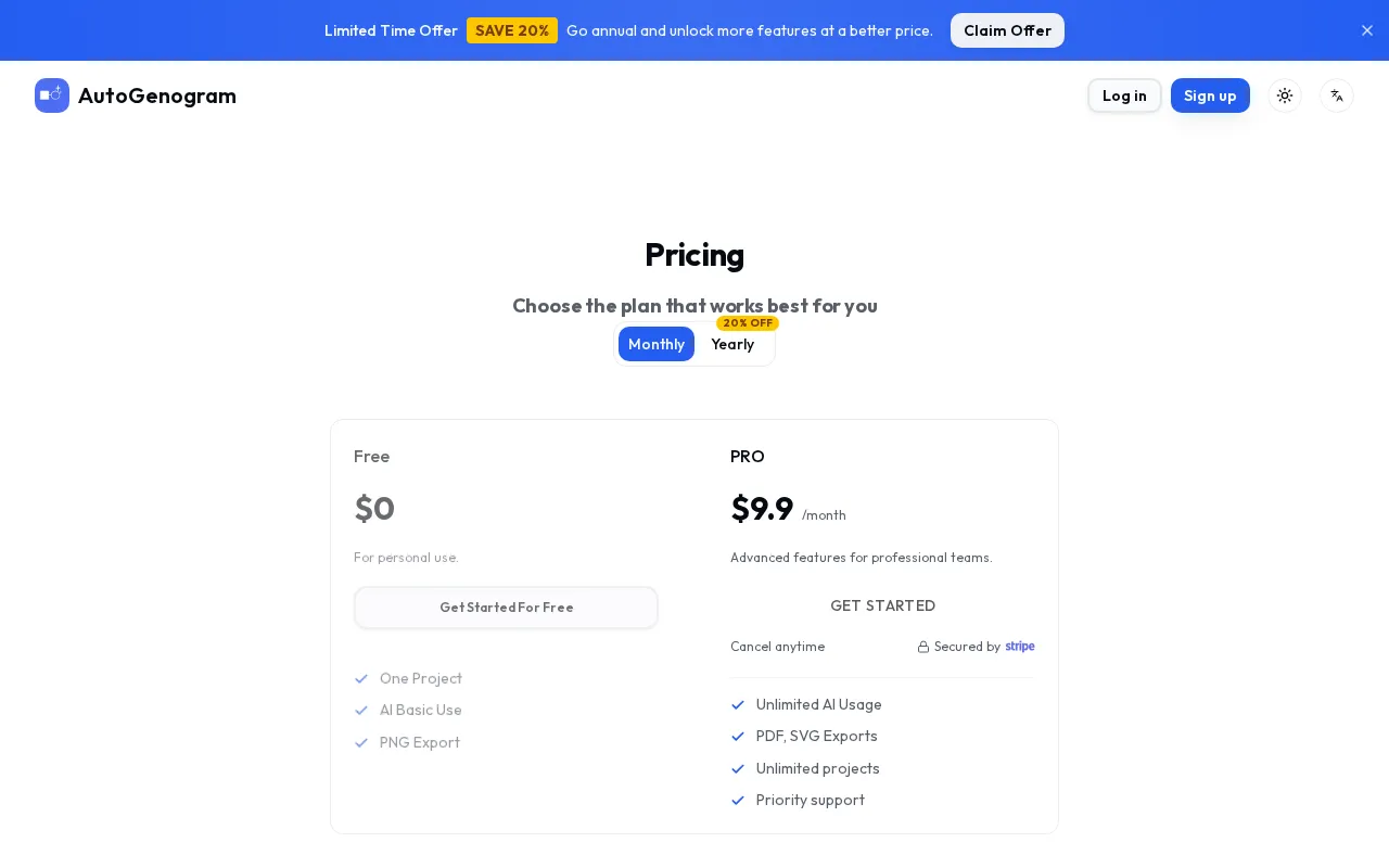 AutoGenogram — pricing page