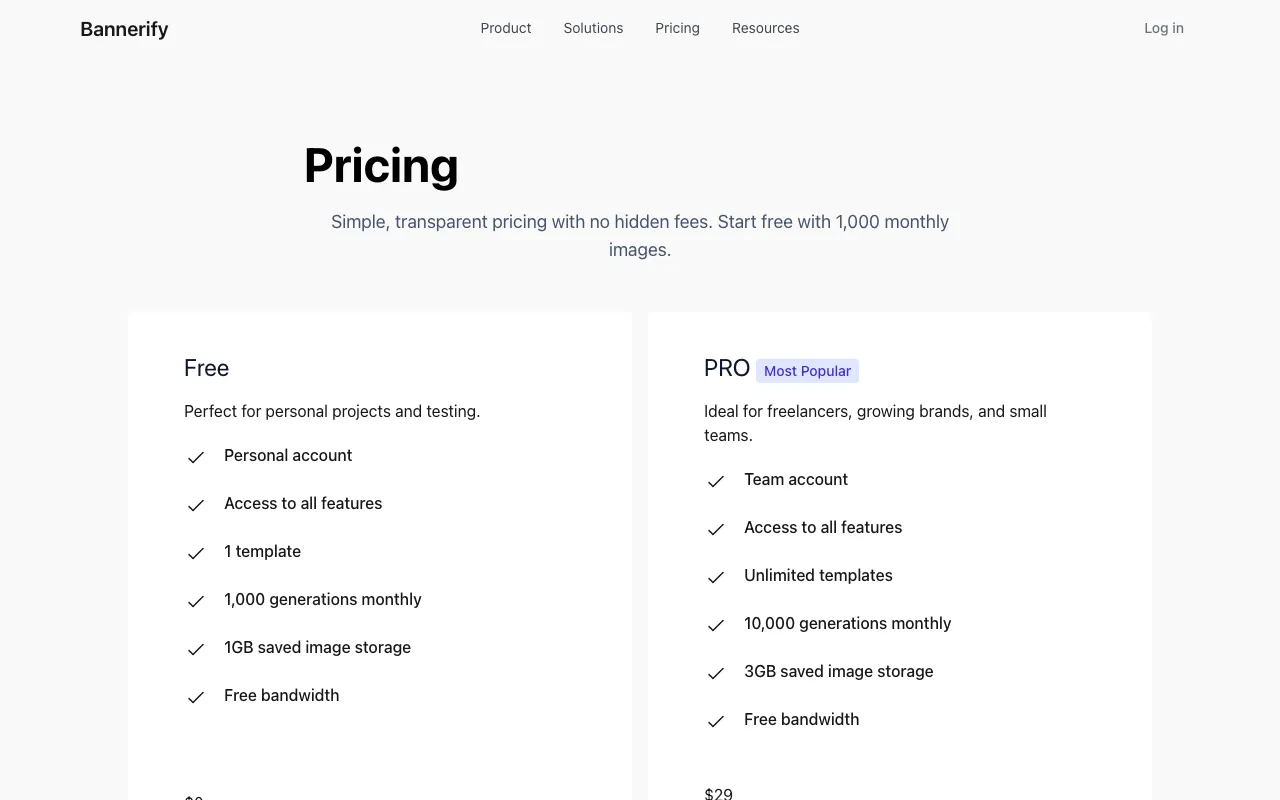 Automate Your Image with Bannerify — pricing page