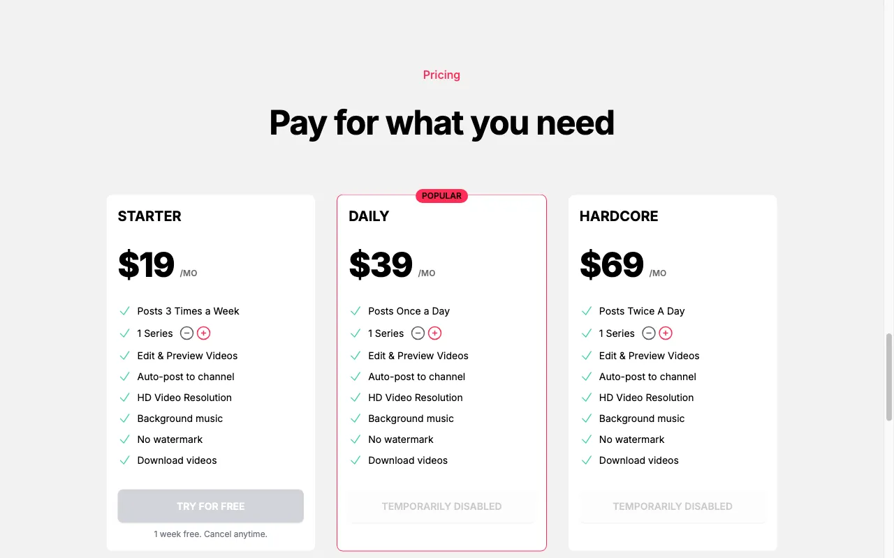 AutomaticShorts — pricing page