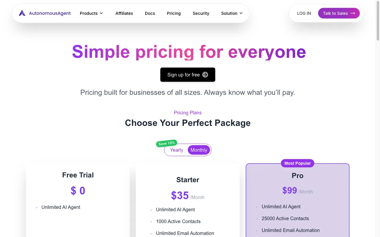 Autonomous Agent — pricing page