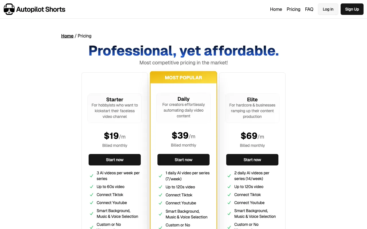 Autopilot Shorts — pricing page