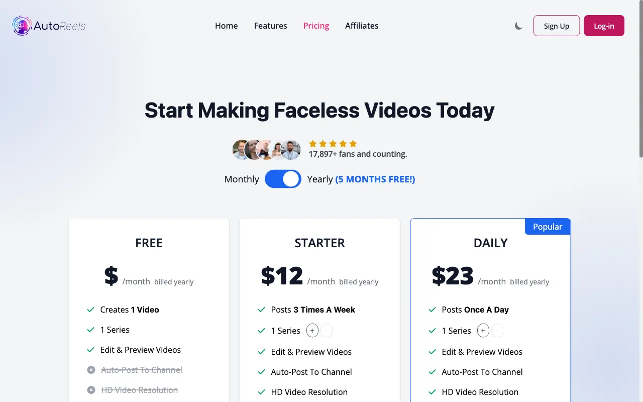 AutoReels.Ai — pricing page