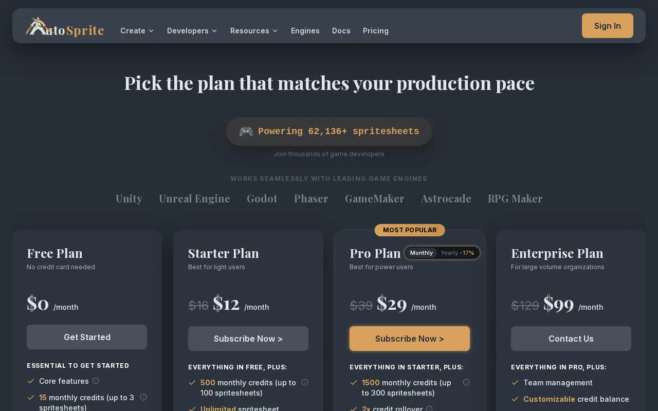 AutoSprite — pricing page