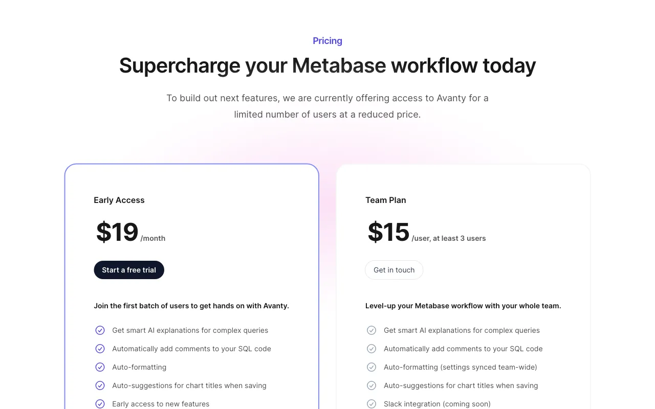 Avanty — pricing page