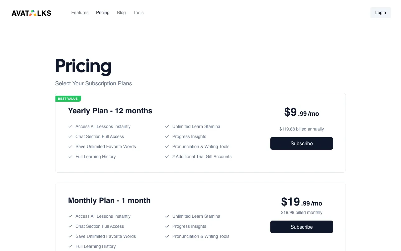 Avatalks — pricing page