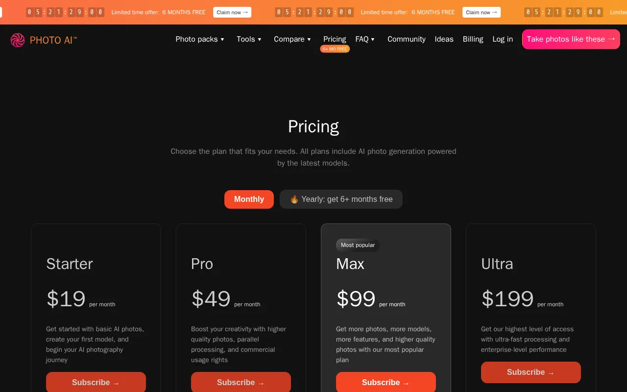 Photo AI — pricing page