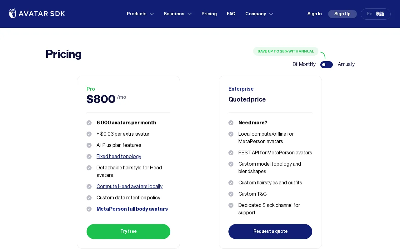 Avatar SDK — pricing page