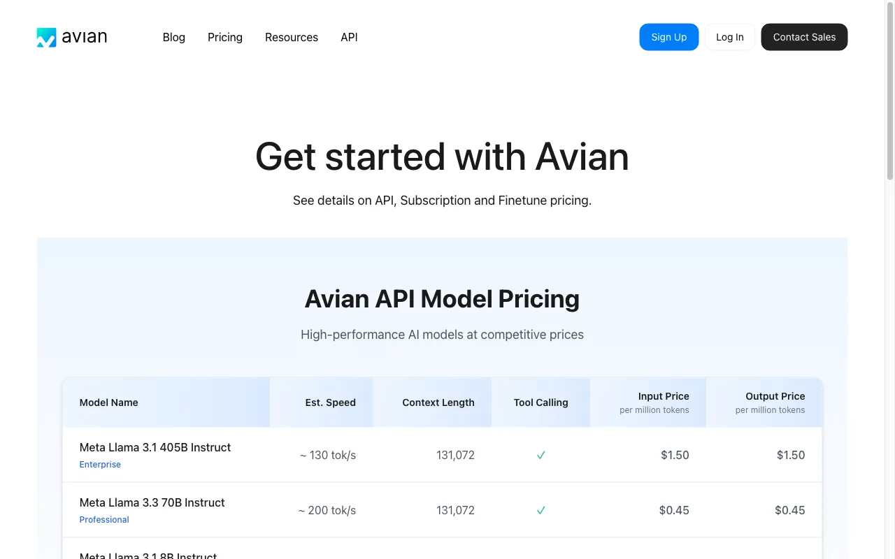 Avian.io — pricing page