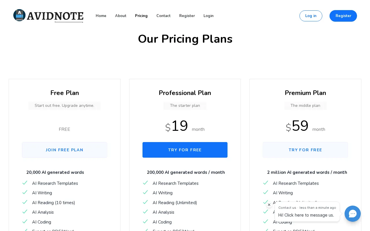 Avidnote — pricing page