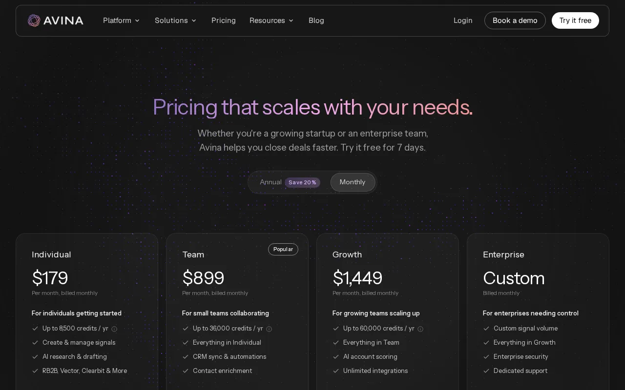 Avina — pricing page