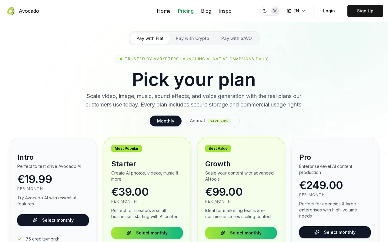 Avocado AI — pricing page