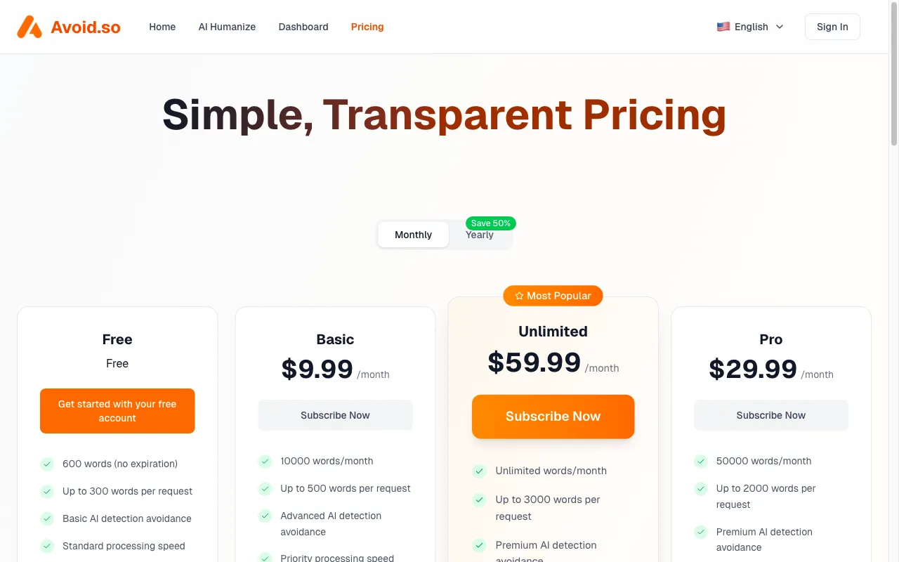 Avoid.so — pricing page
