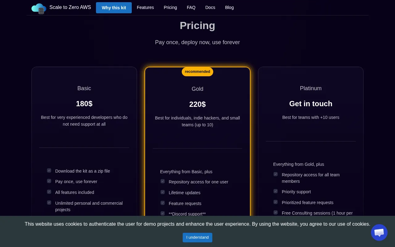 Scale to Zero AWS Kit — pricing page