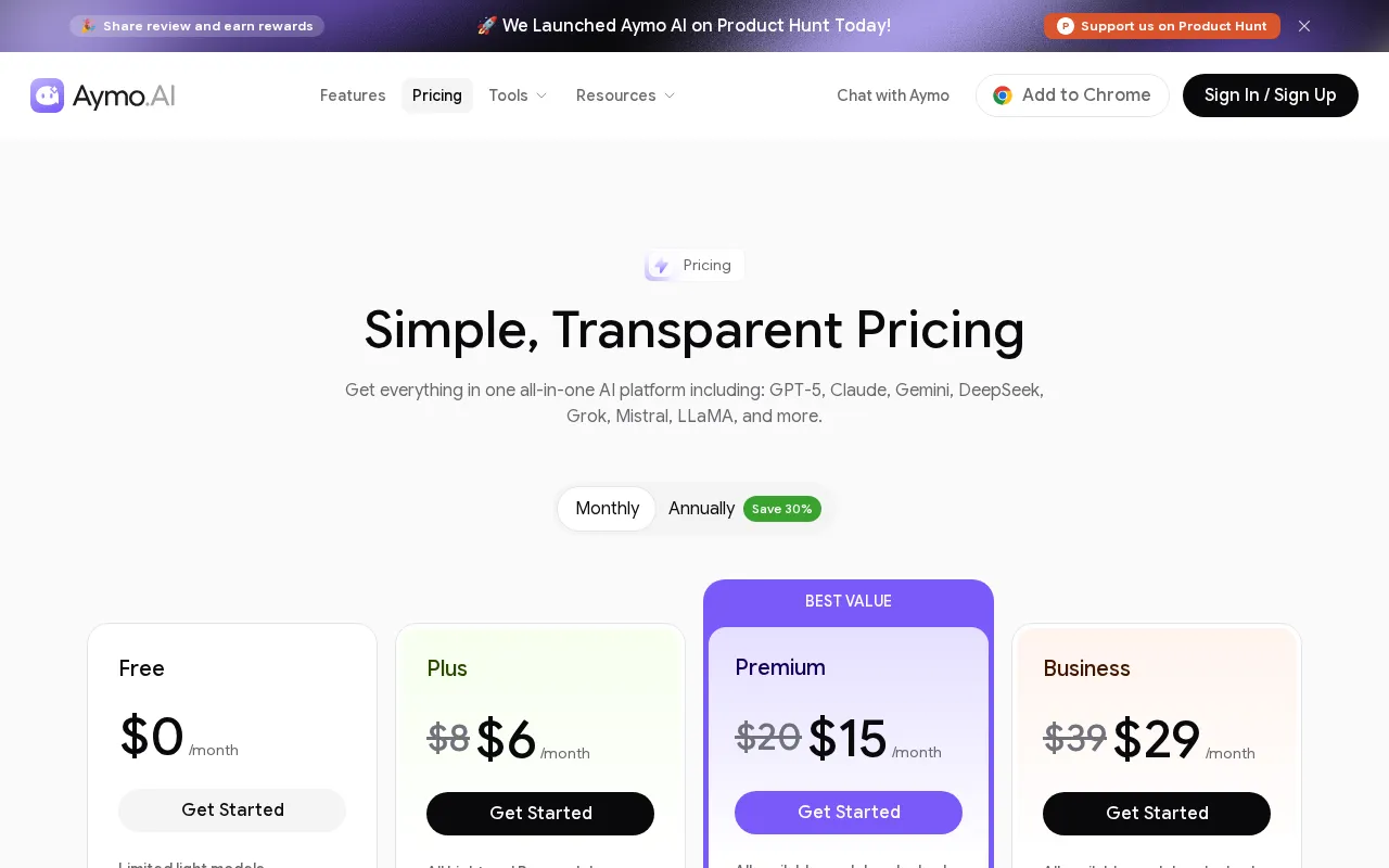 Aymo AI — pricing page