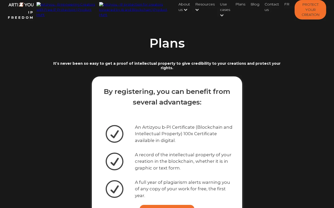 Artizyou Protect & Catalogue your ideas — pricing page