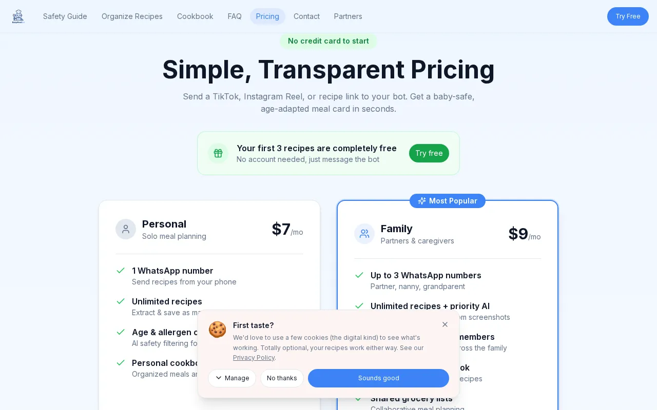 BabyMealBot — pricing page