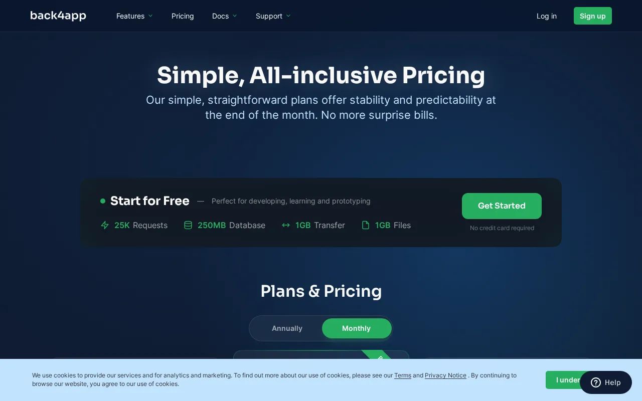 Back4app — pricing page