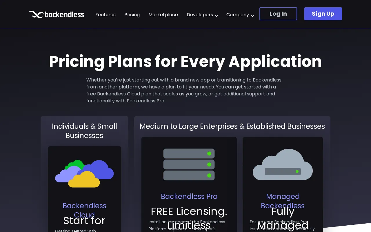 Backendless — pricing page