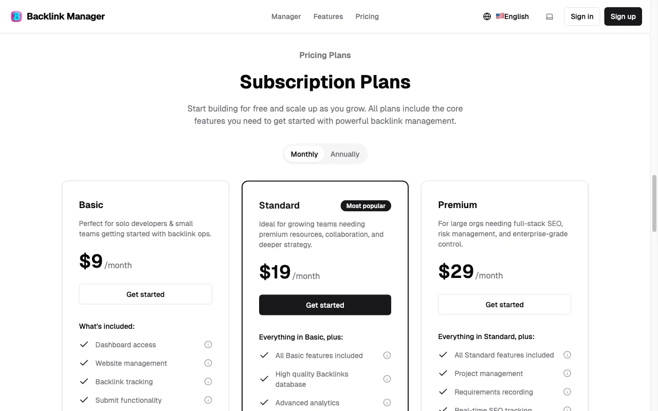 Backlink Manager — pricing page