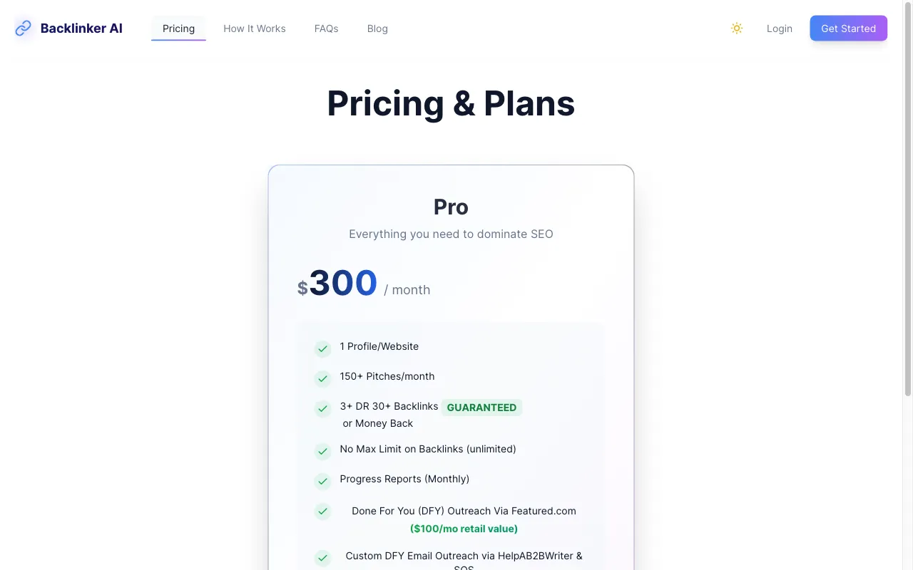 Backlinker AI — pricing page