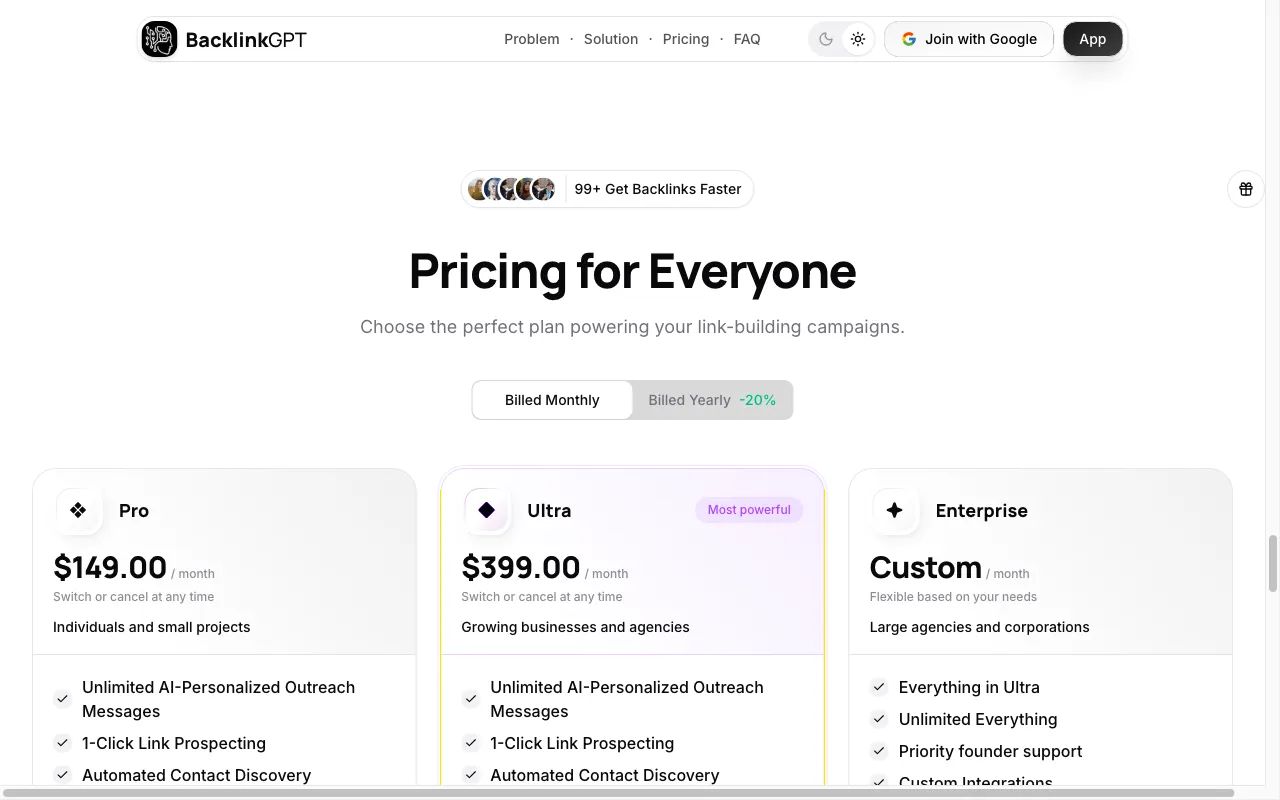 BacklinkGPT — pricing page