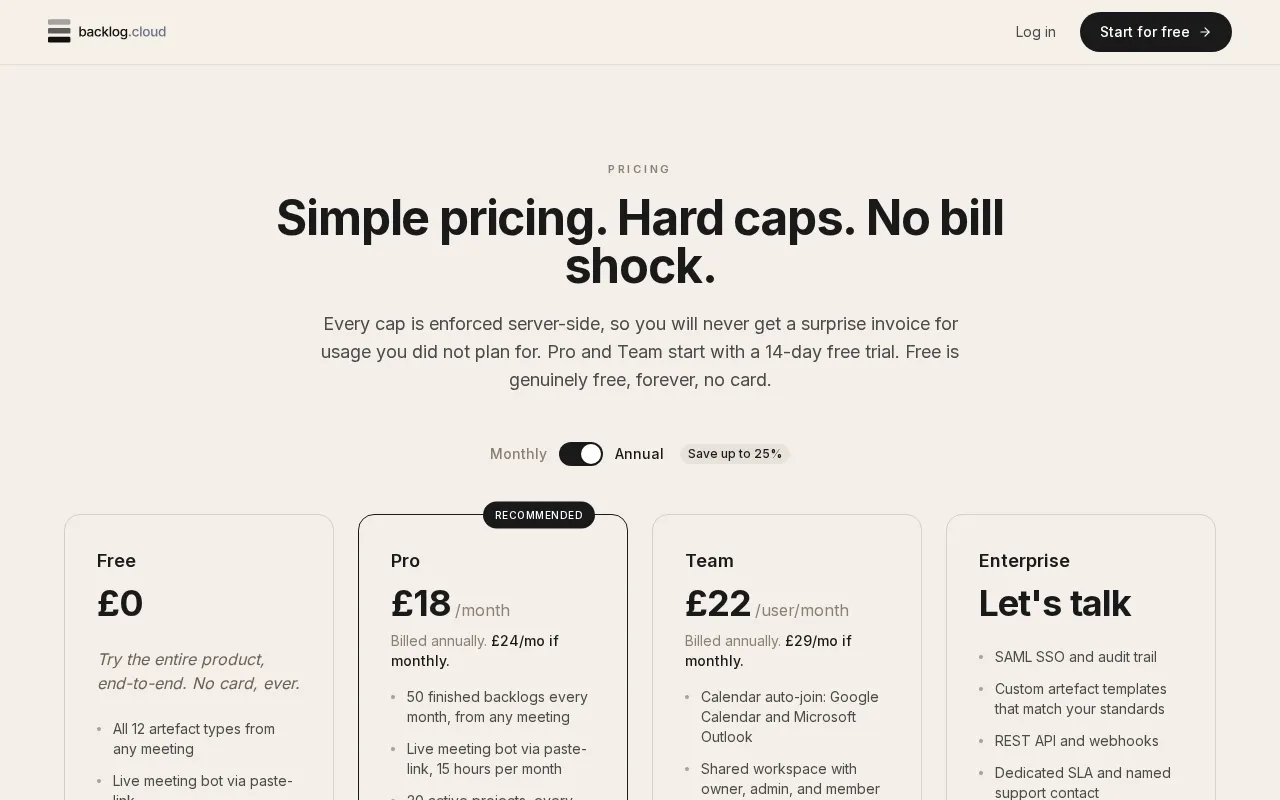 backlog.cloud — pricing page