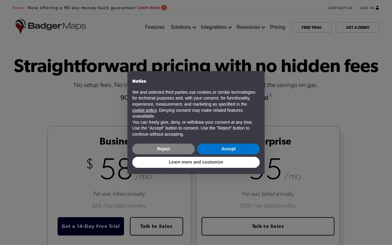 Badger Maps — pricing page