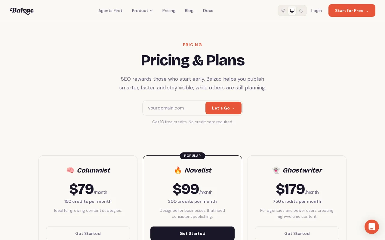 Balzac — pricing page
