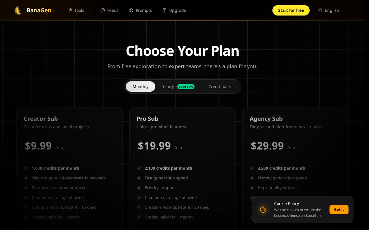 BanaGen — pricing page