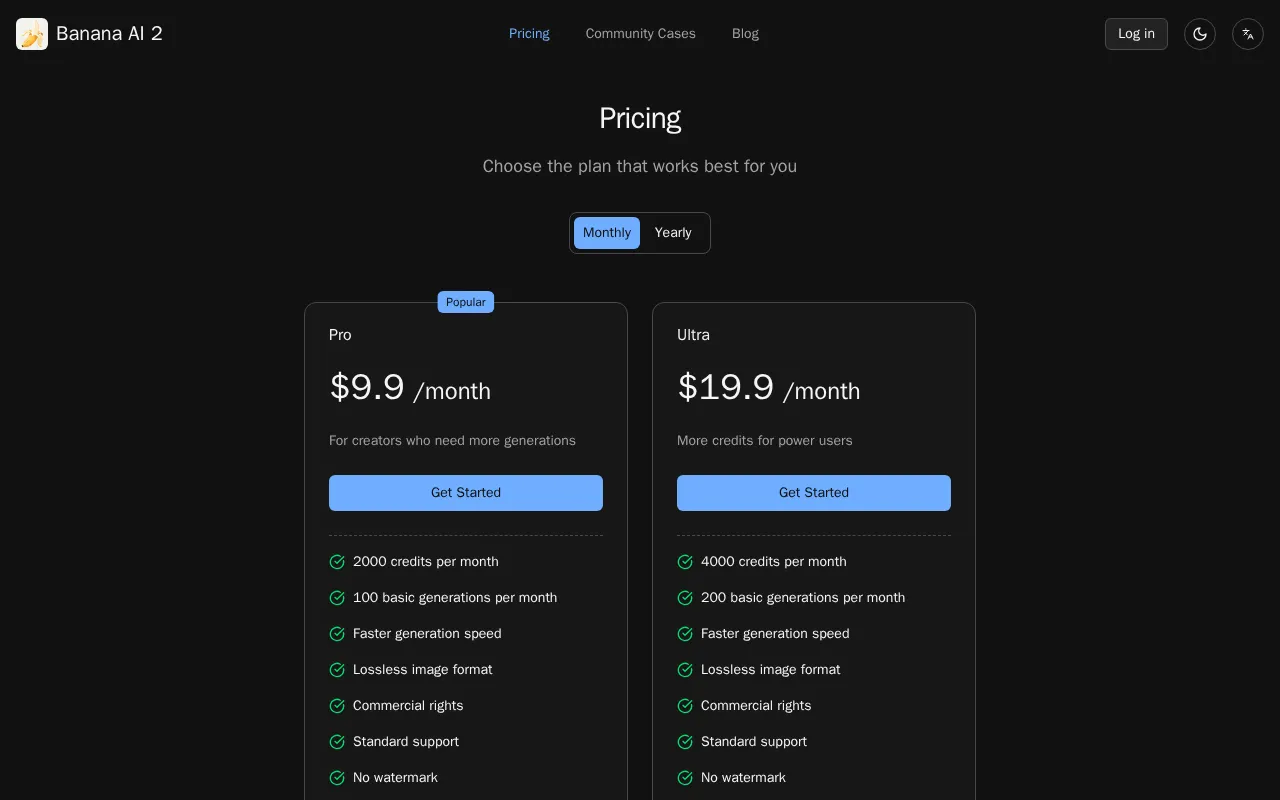 banana ai 2 — pricing page