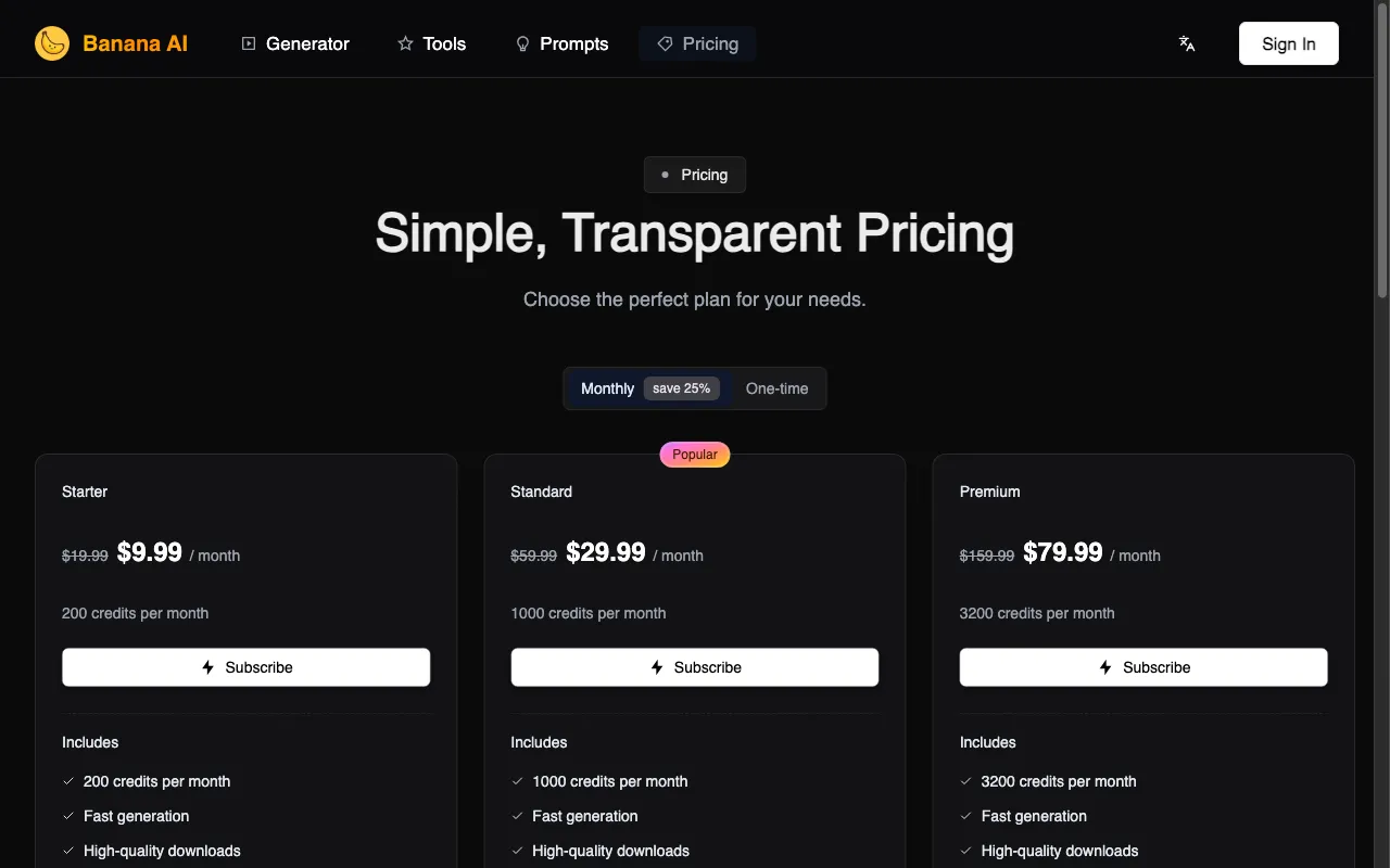Banana AI — pricing page