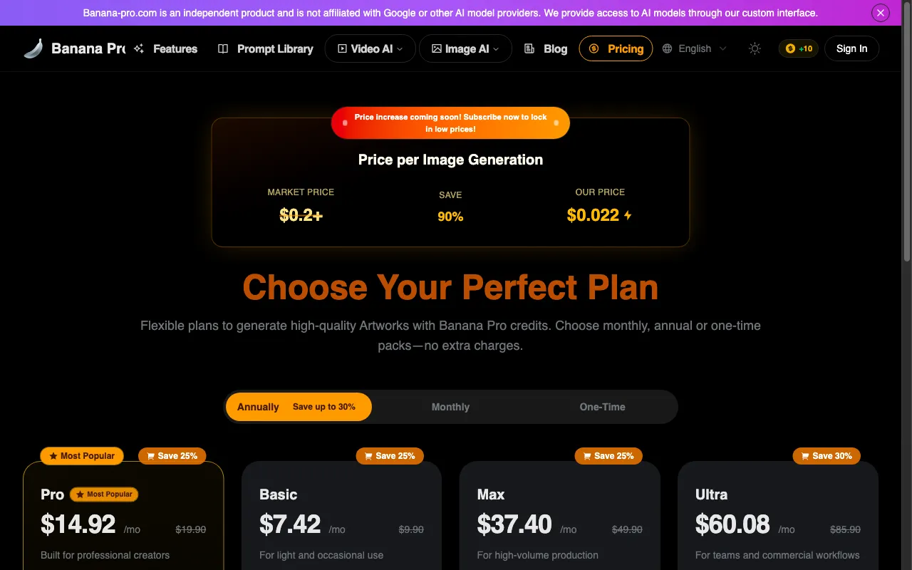 Banana Pro — pricing page