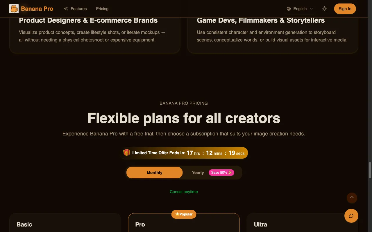 Banana Pro — pricing page