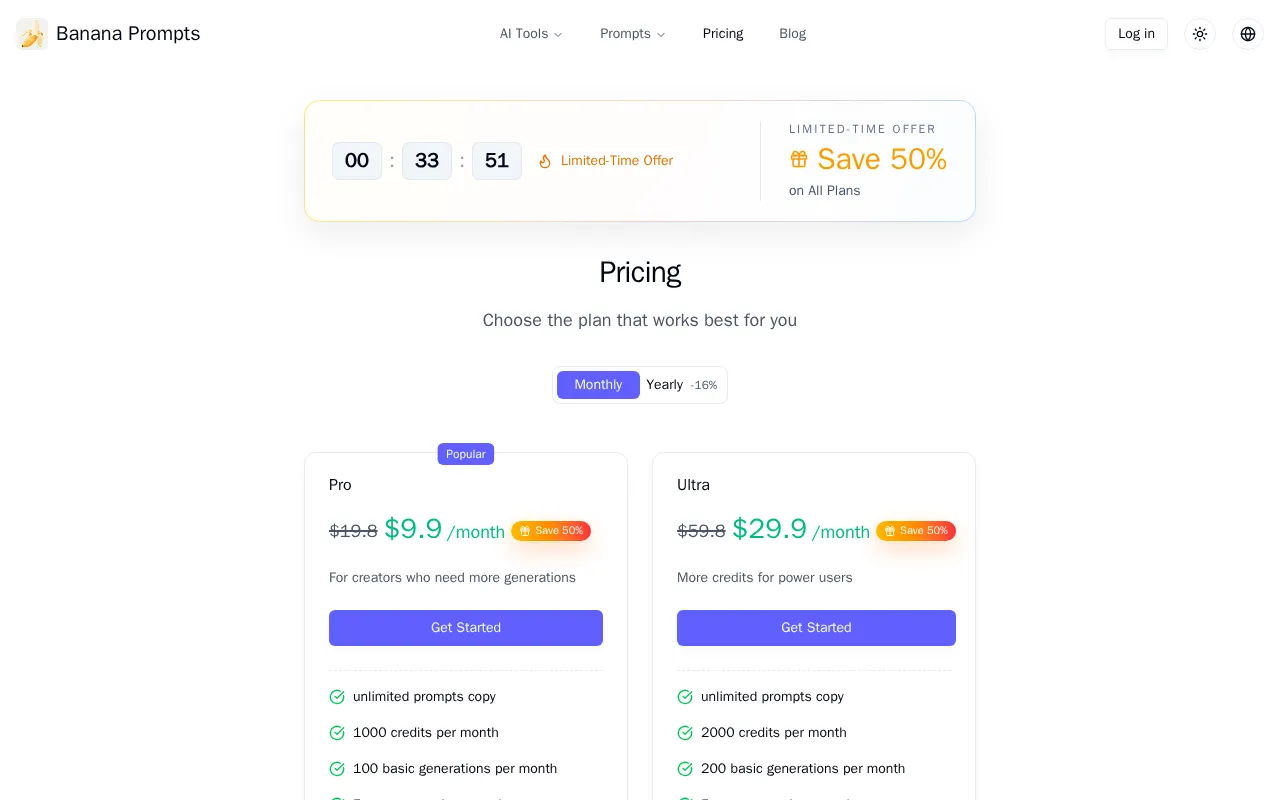 Banana Prompts AI — pricing page