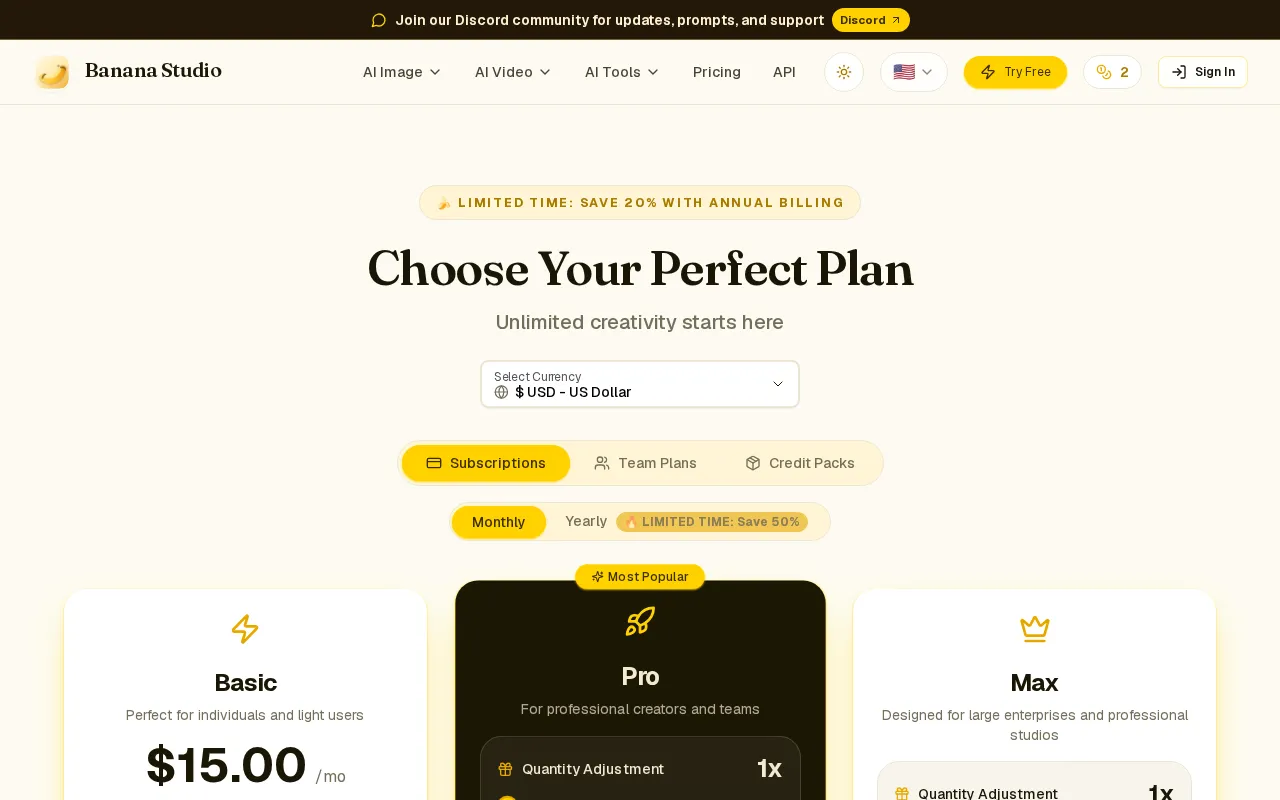Banana Studio — pricing page